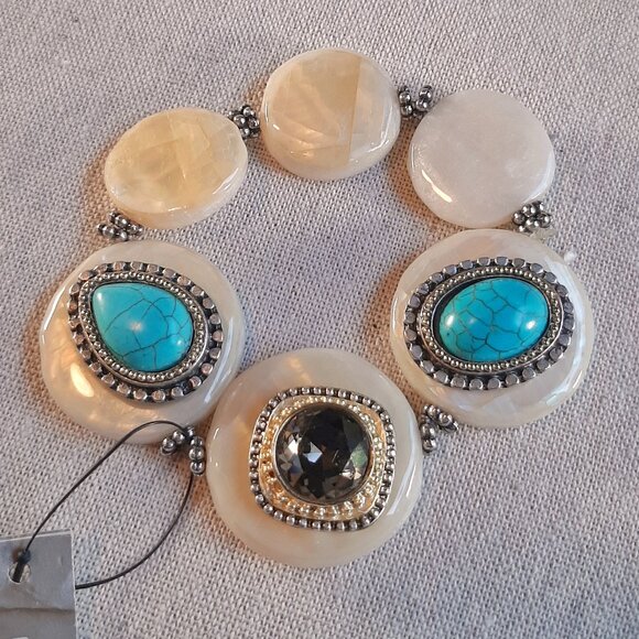 Chico's NWT MOP & Faux Turquoise Stetchy Bracelet - Picture 1 of 7